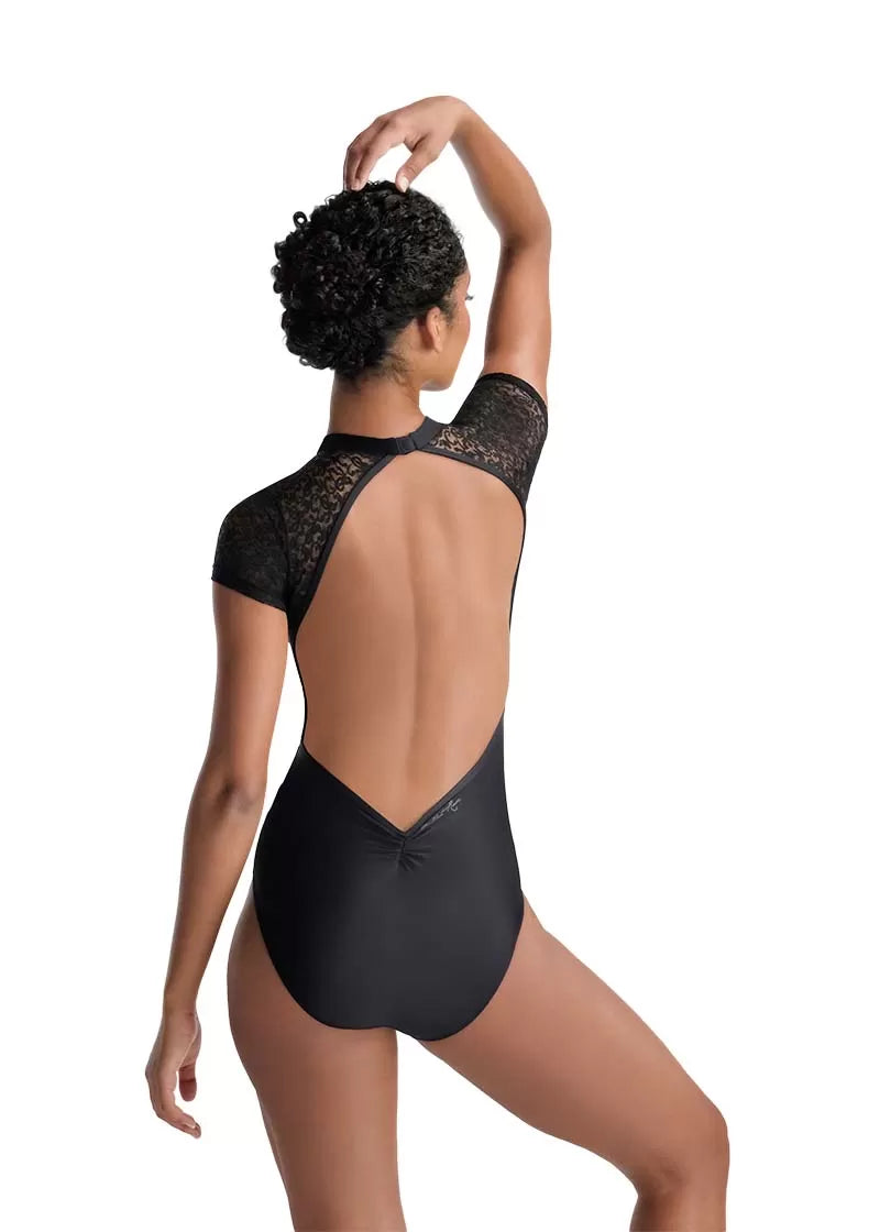 Female dancer wearing Ballet Rosa Nicolette 1190LMA leotard in Noir shown from back.