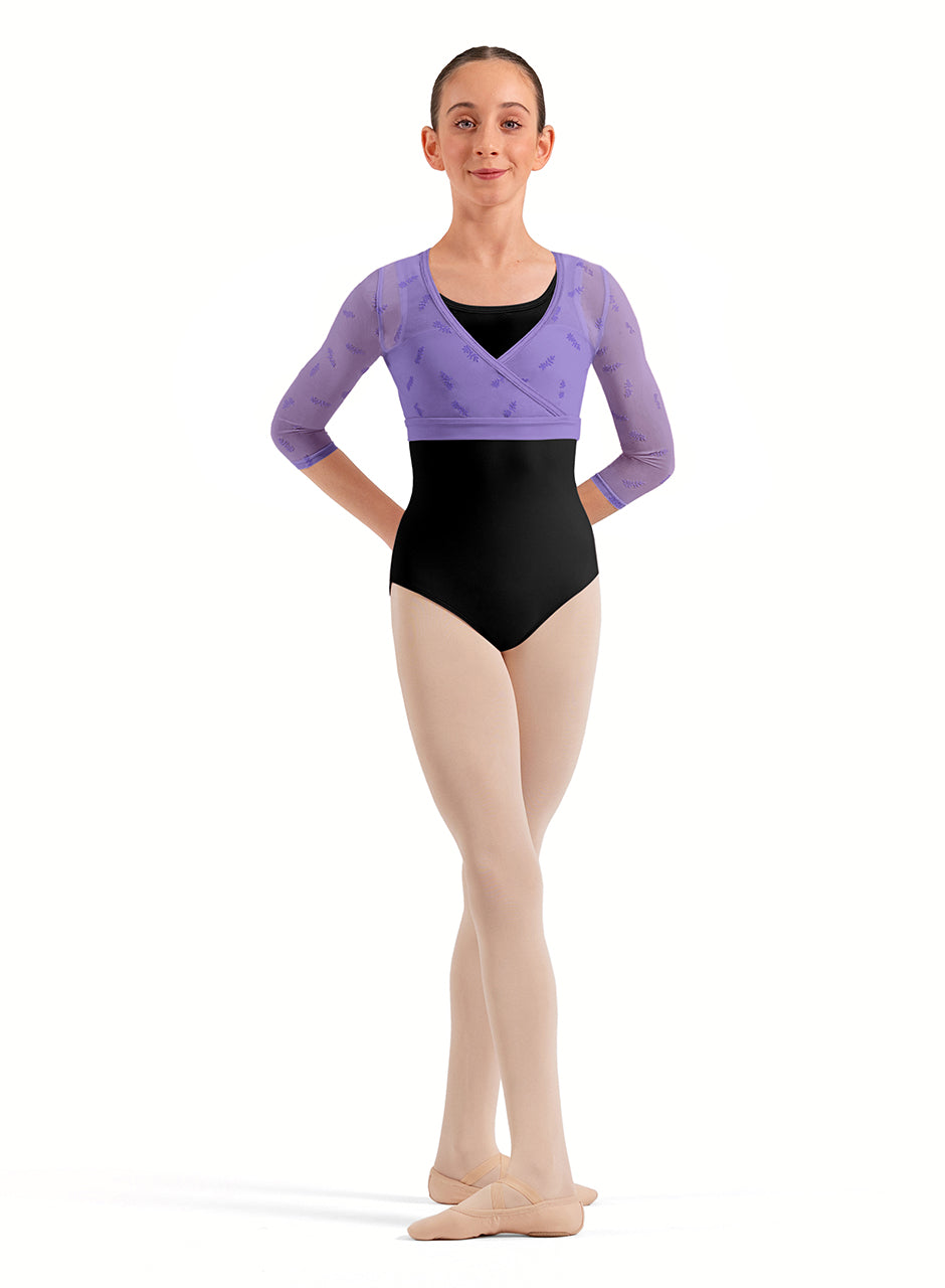 Young dancer wearing Lilac Bloch Girls Lucy Floral 3/4 Sleeve Wrap Top CZ30035- FreeStyle Dancewear Canada