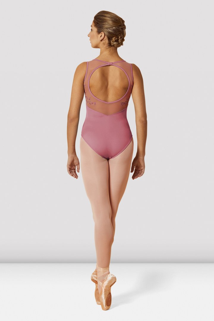 Mirella Open Back Embroidered Mesh Tank Leotard