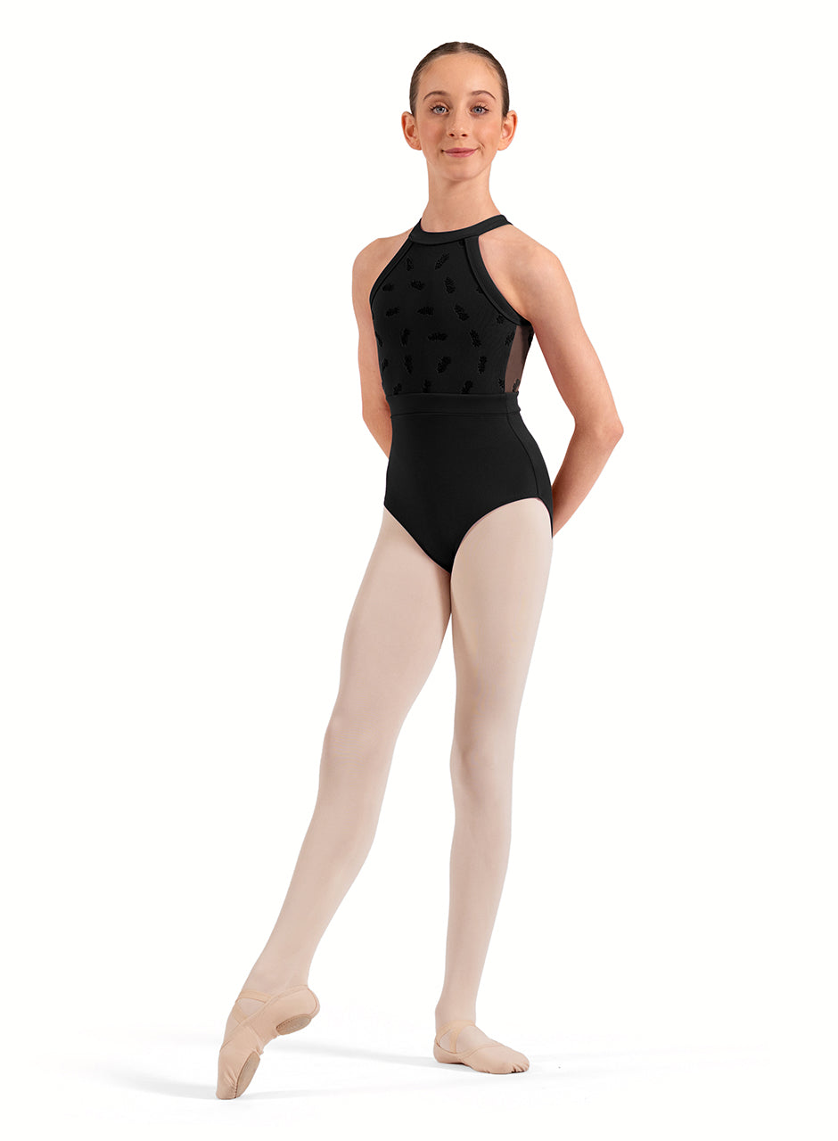 Ballerina wearing a black leotard Bloch Girls Ella Floral Halterneck Leotard CL40016- FreeStyle Dancewear Canada