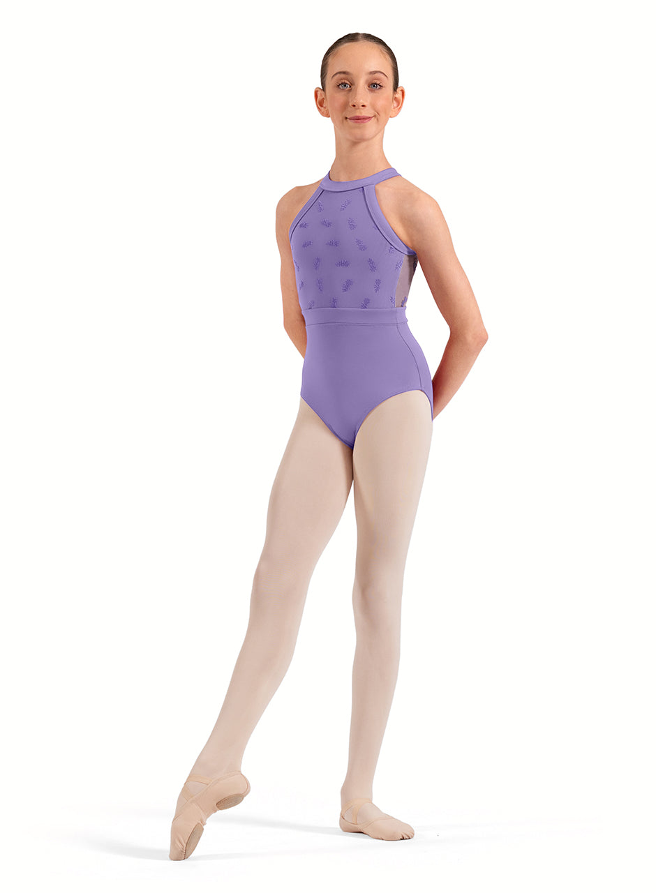 Ballerina wearing a lilac leotard Bloch Girls Ella Floral Halterneck Leotard CL40016- FreeStyle Dancewear Canada