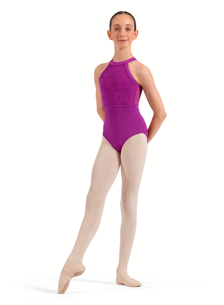 Ballerina wearing a leotard in colour VVO Bloch Girls Ella Floral Halterneck Leotard CL40016- FreeStyle Dancewear Canada